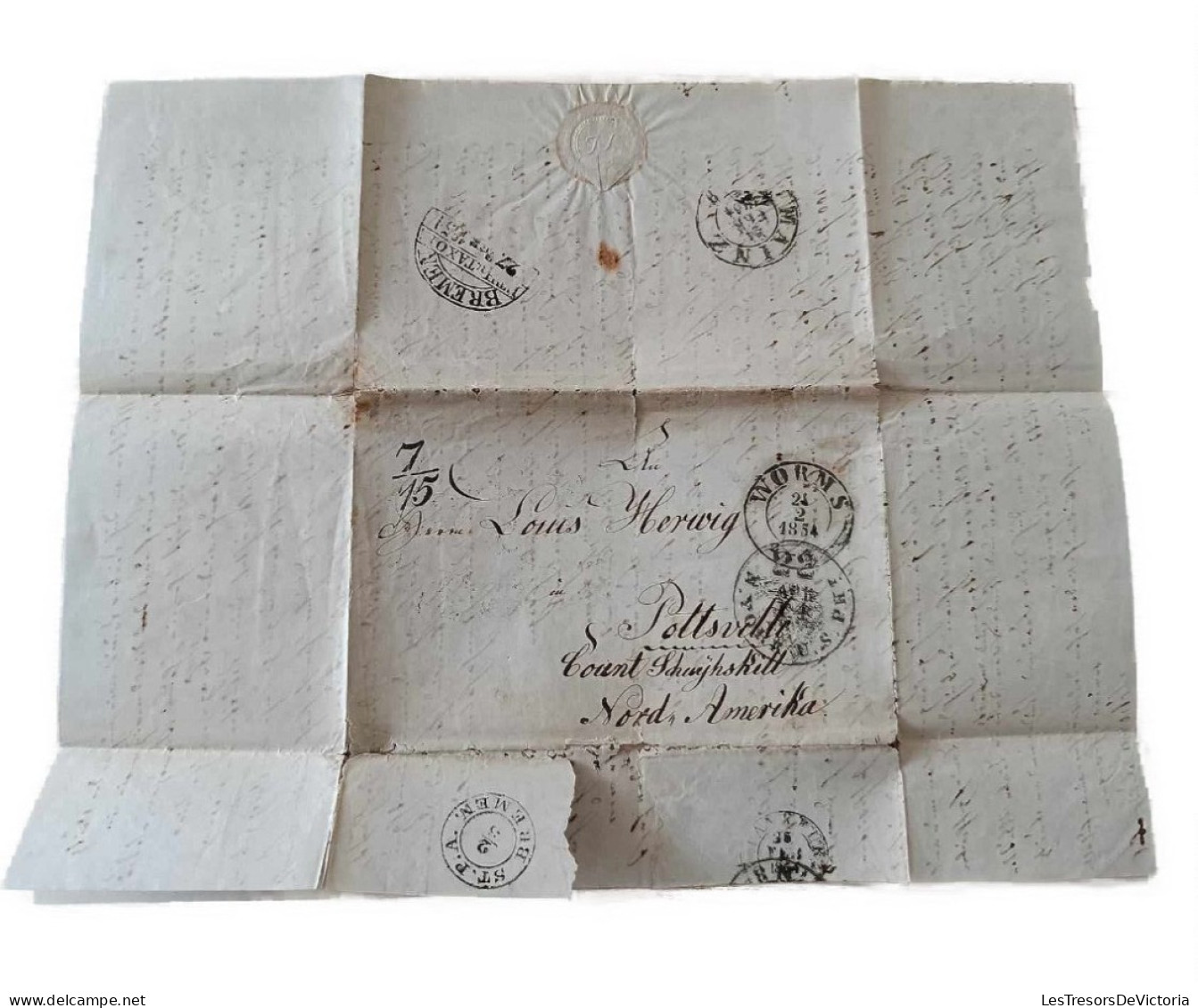 U.S. - Bremen Postal Treaties - Folded Letter: Worms, Hesse To Pottsville, Pennsylvania, 23 February 1854 - …-1845 Voorfilatelie