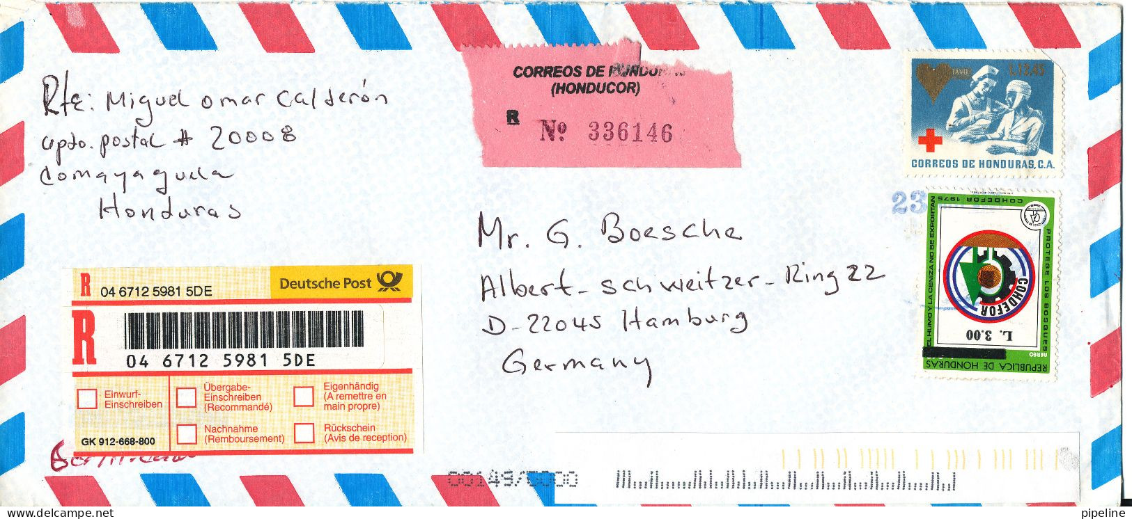 Honduras Registered Air Mail Cover Sent To Germany 23-5-2001 RED CROSS And Overprinted Stamp - Honduras