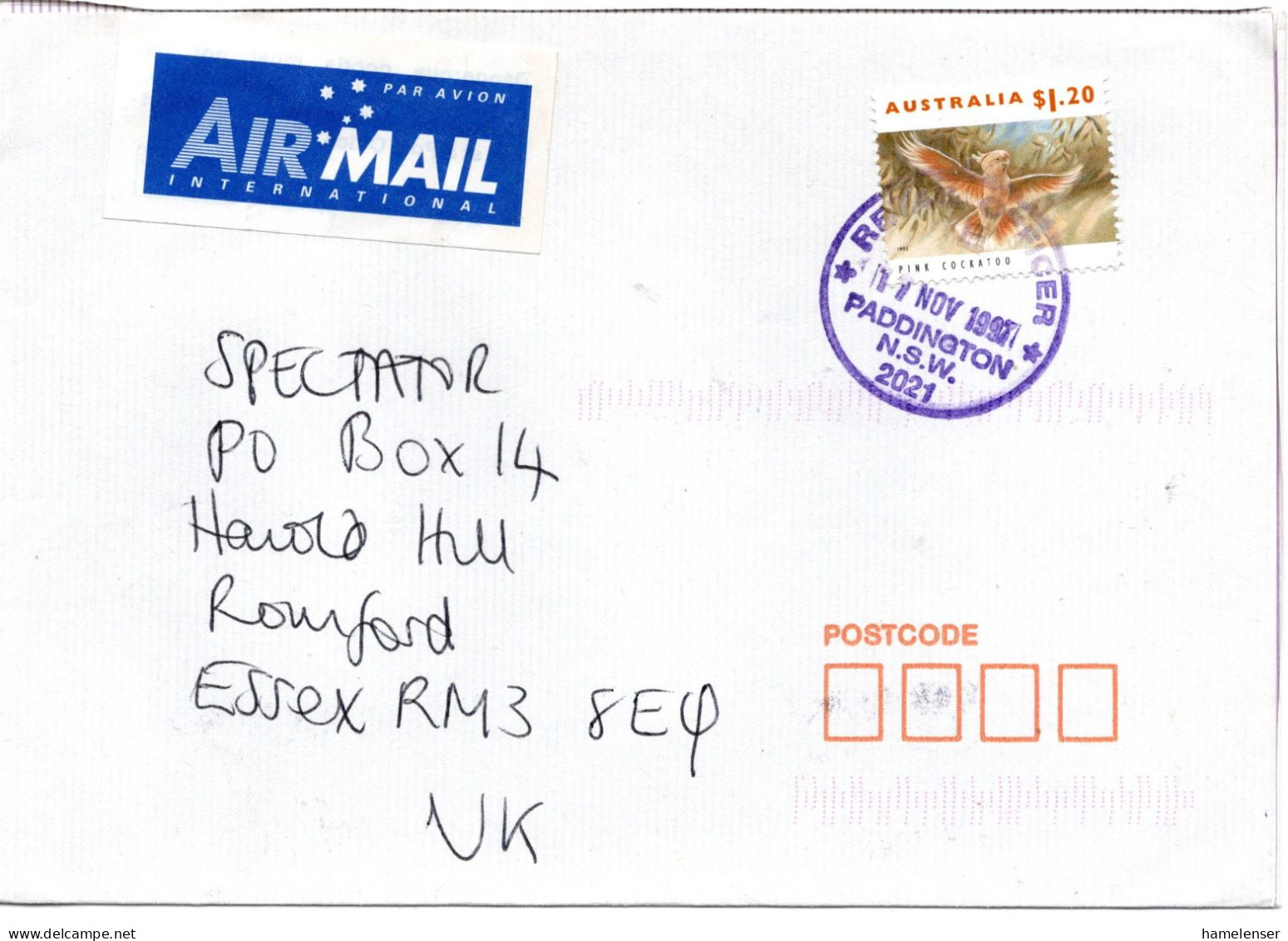 76309 - Australien - 1991 - $1,20 Kakadu EF A LpBf PADDINGTON -> Grossbritannien - Parrots
