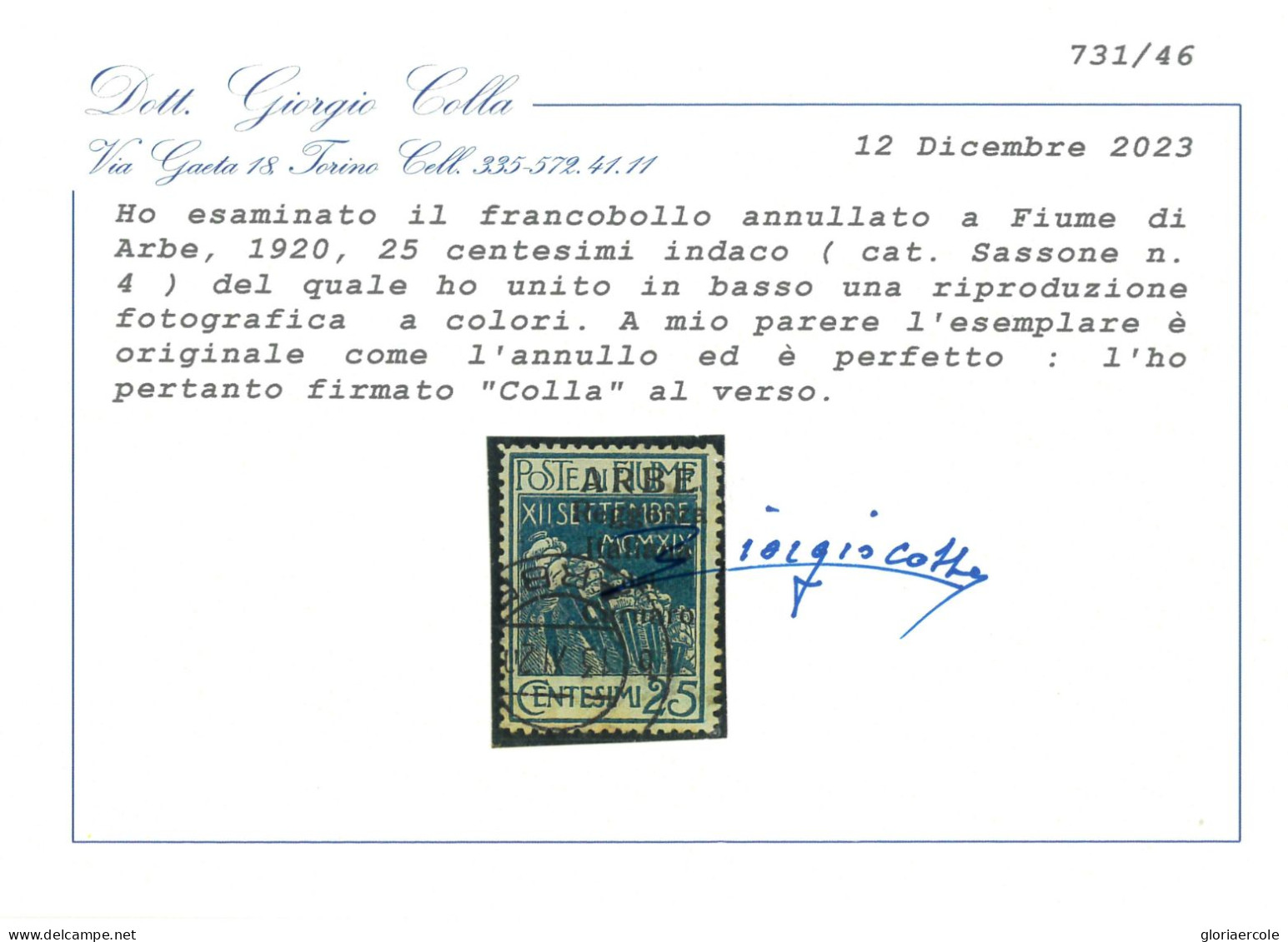 P2718 - ITALIA ARBE , SASS. NR. 4, LEGGERMENTE USATO, CERTRIFICATO COLLA - Fiume
