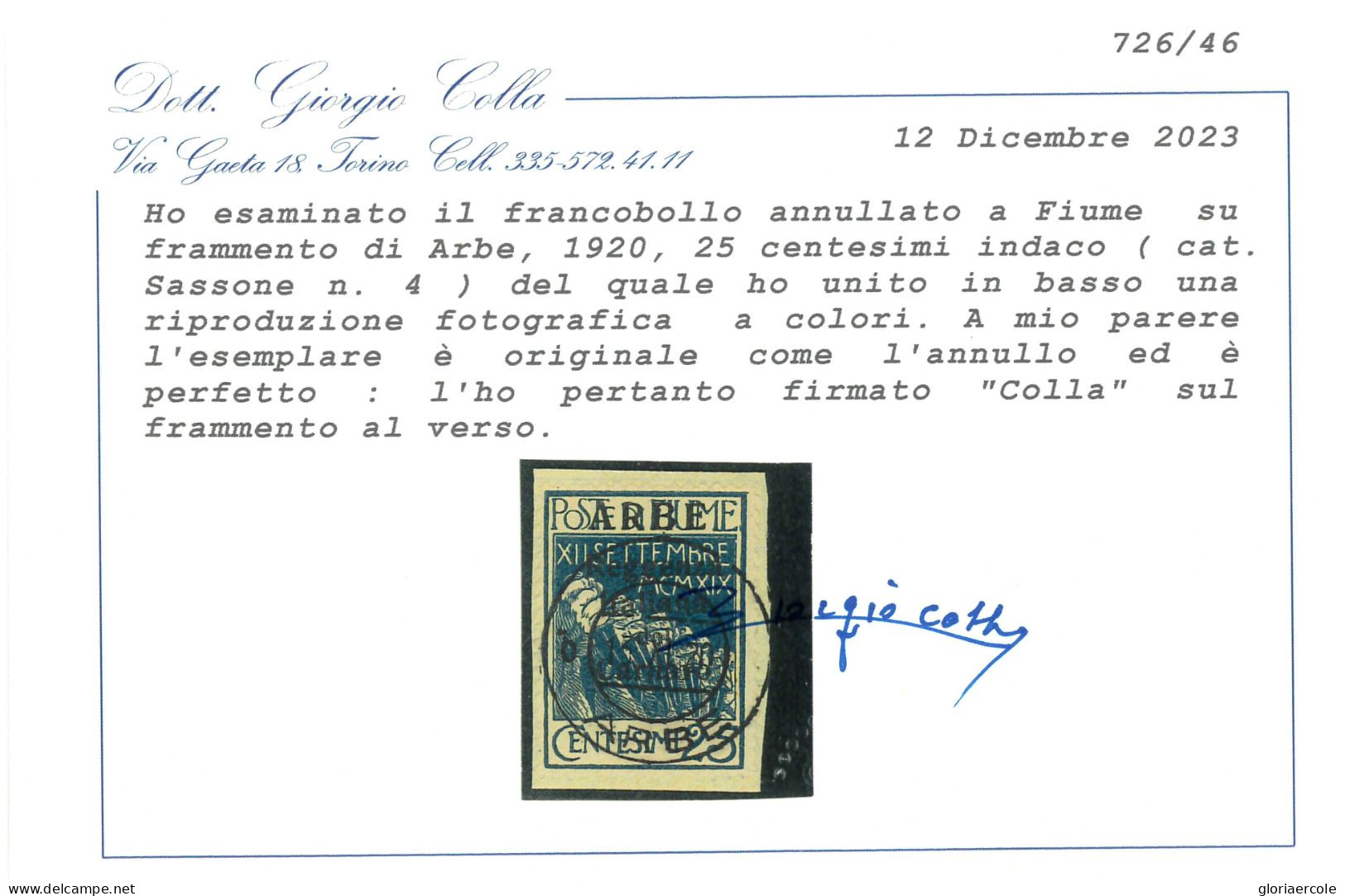 P2718 - ITALIA ARBE , SASS. NR. 4, USATO, CERTRIFICATO COLLA. - Fiume