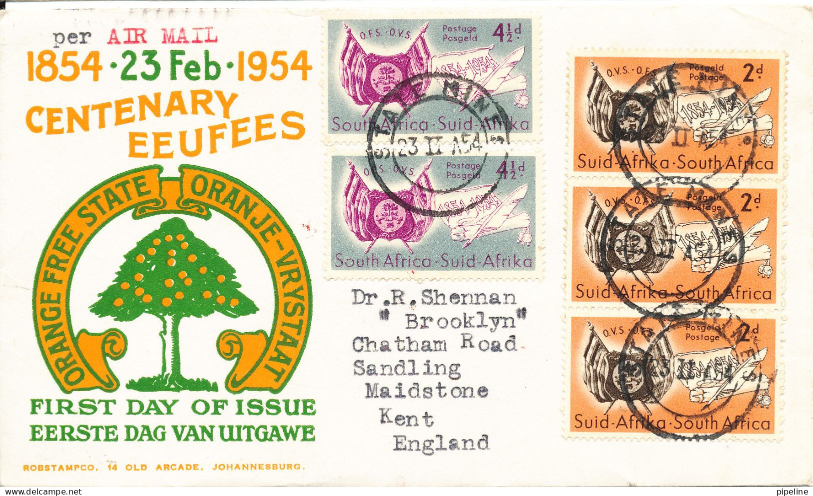 South Africa FDC 23-2-1954 Orange Free State  Sent To England - FDC