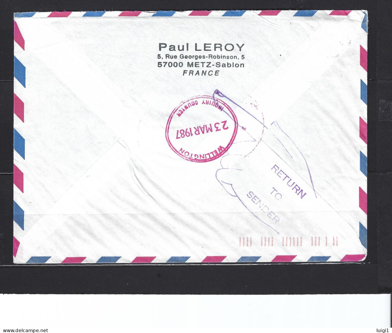 Courrier En Poste Restante Pour WELLINGTON Nouvelle Zélande " RETOUR DESTINATAIRE INCONNU " Du 23 Mars 1987. TB. - Covers & Documents