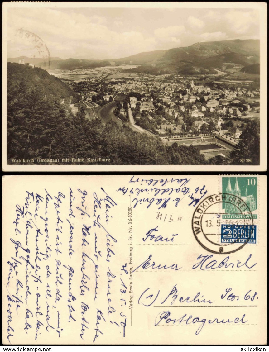 Waldkirch (Schwarzwald Breisgau) Panorama-  Mit Ruine Kastelburg 1950 - Waldkirch