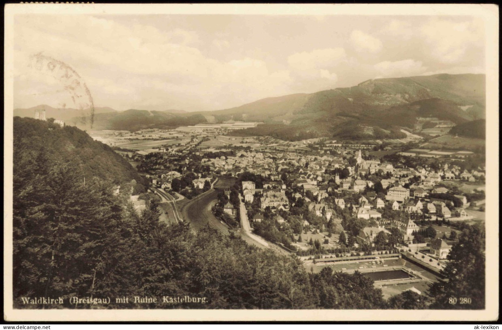 Waldkirch (Schwarzwald Breisgau) Panorama-  Mit Ruine Kastelburg 1950 - Waldkirch