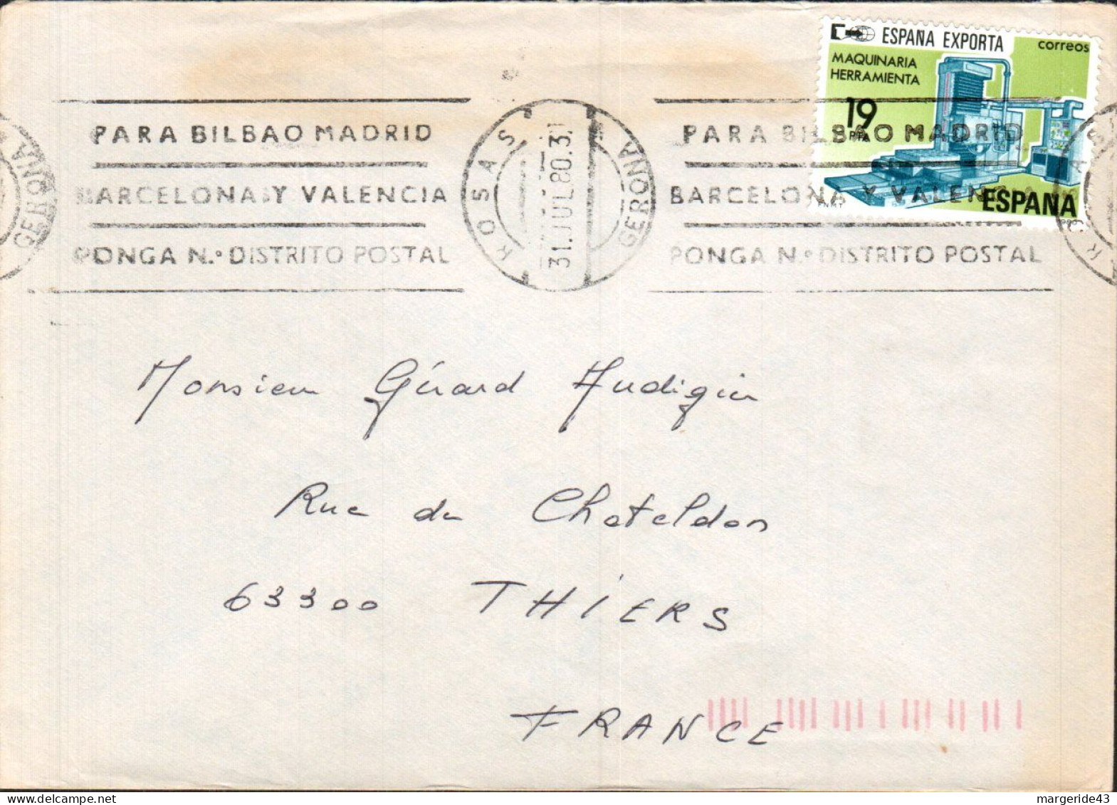 ESPAGNE SEUL SUR LETTRE POUR LA FRANCE 1980 - Lettres & Documents