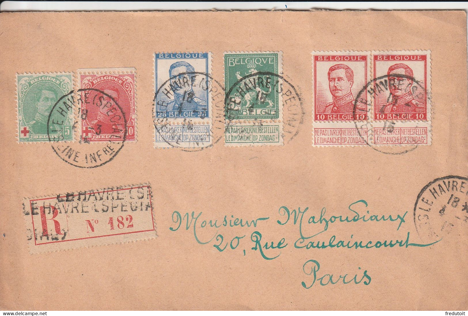 LETTRE Recommandée - Le Havre (special) Le 04/03/1915 Pour Paris - 1912 Pellens