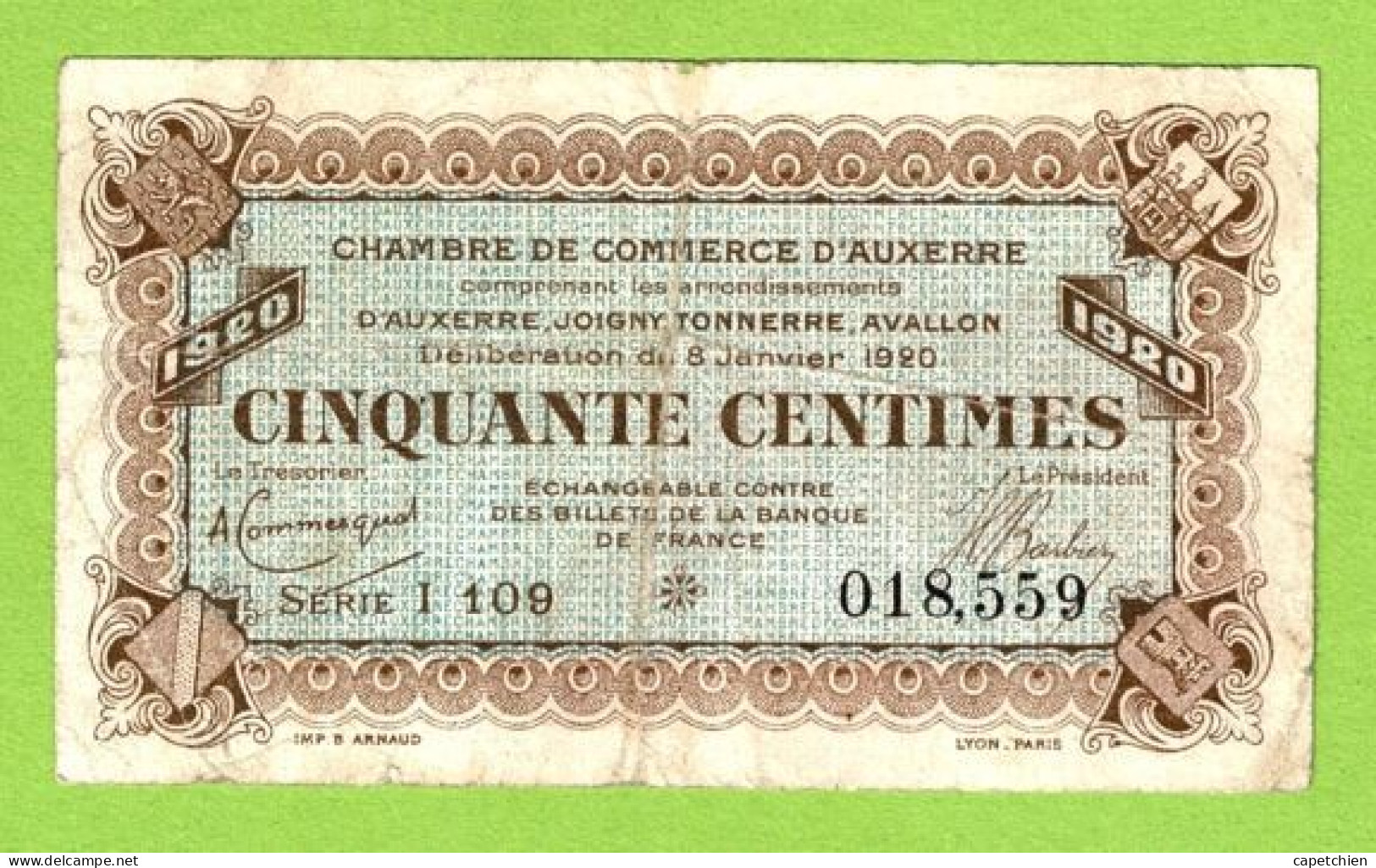 FRANCE / AUXERRE / 50 CENTIMES / 8 Janvier 1920 / N° 018559 / SERIE  I  109 - Cámara De Comercio