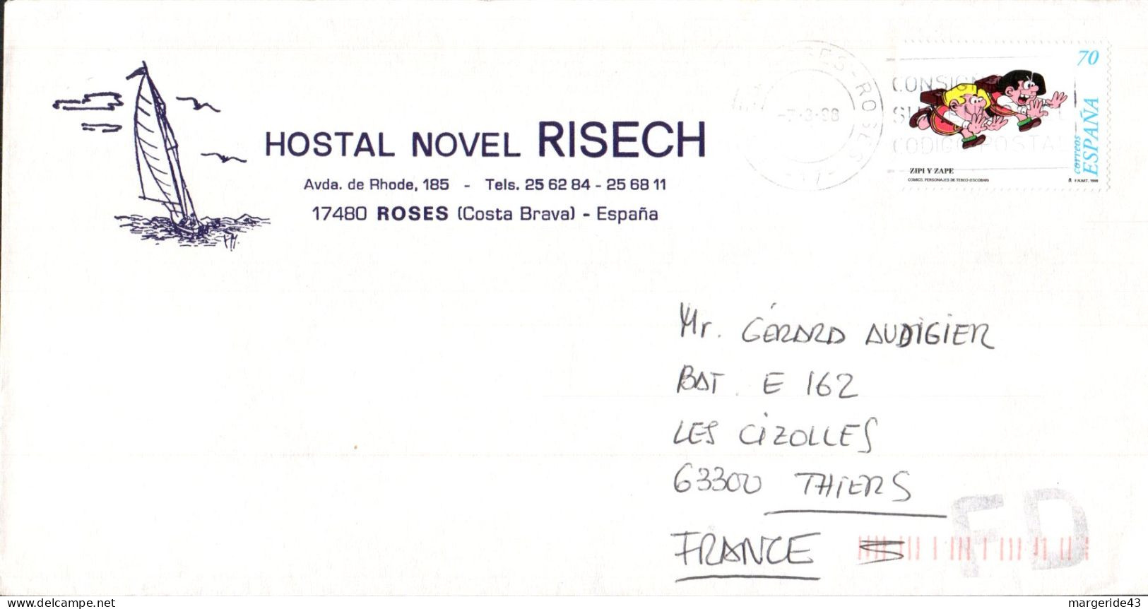 ESPAGNE SEUL SUR LETTRE A EN TETE D'HOTEL POUR LA FRANCE 1998 - Storia Postale