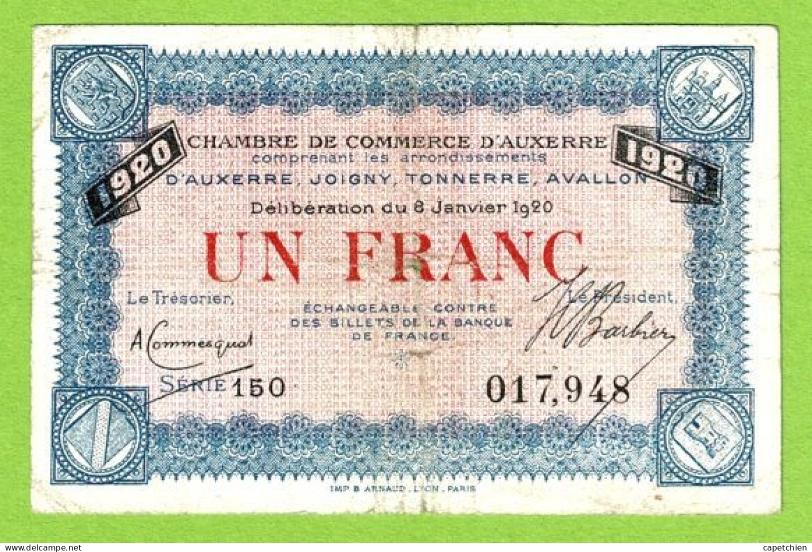 FRANCE / AUXERRE / 1 FRANC / 8 Janvier 1920 / N° 017948 / SERIE  150 - Cámara De Comercio