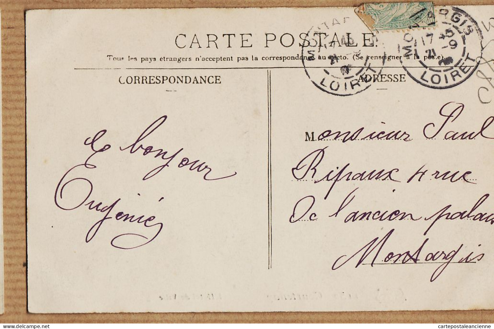 04223 / COURTENAY Loiret L' HOTEL De VILLE 1909 à Paul RIPAUX Montargis-DRAGON N°1152 - Courtenay