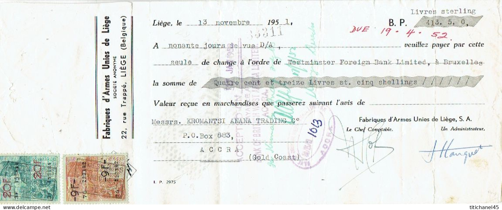 Lettre De Change De 1951 FABRIQUES D'ARMES UNIES DE LIEGE à L'ordre De KROMANTSI ANANA TRADING à ACCRA (GOLD COAST) - Bills Of Exchange