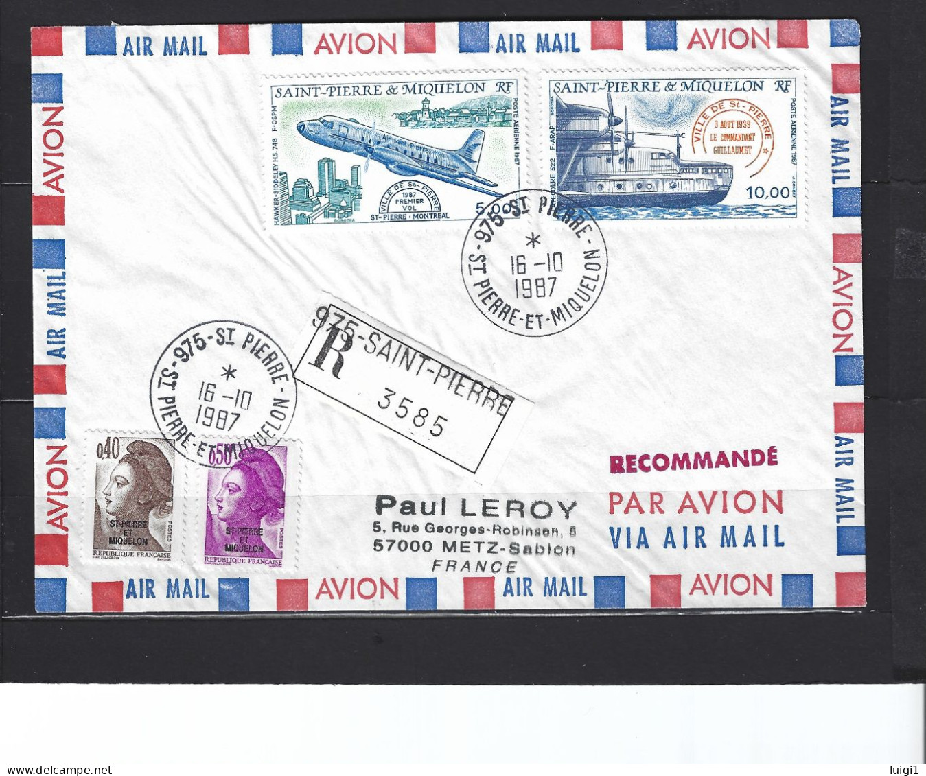 Courrier Philatélique Recommandé Pour La France. En Affranchissement Composé Du16-10-1987- 975 St Pierre Et Miquelon. TB - Covers & Documents