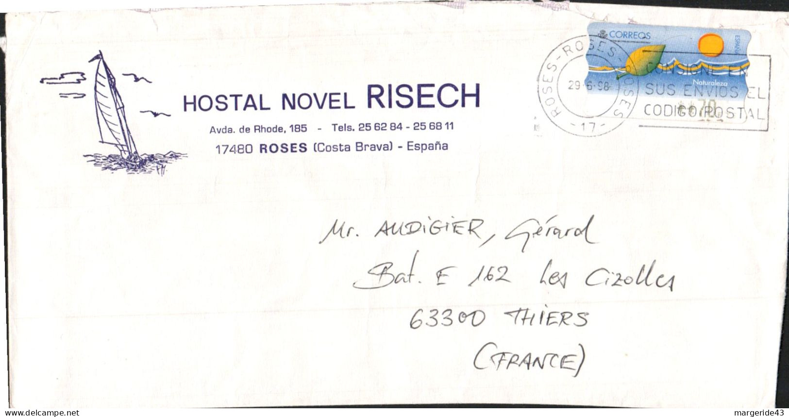 ESPAGNE VIGNETTE SEULE SUR LETTRE A EN TETE D'HOTEL 1998 - Timbres De Distributeurs [ATM]