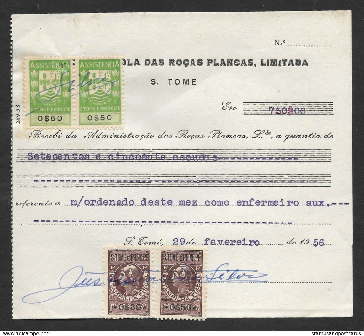 Portugal Sao Tome Et Principe Timbre Fiscal 1956 Reçu Plantation Cacao Et Café Receipt W/ Revenue Stamp Cocoa And Coffee - Briefe U. Dokumente