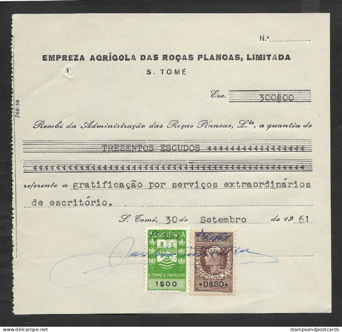 Portugal Sao Tome Et Principe Timbre Fiscal 1961 Reçu Plantation Cacao Et Café Receipt W/ Revenue Stamp Cocoa And Coffee - Covers & Documents