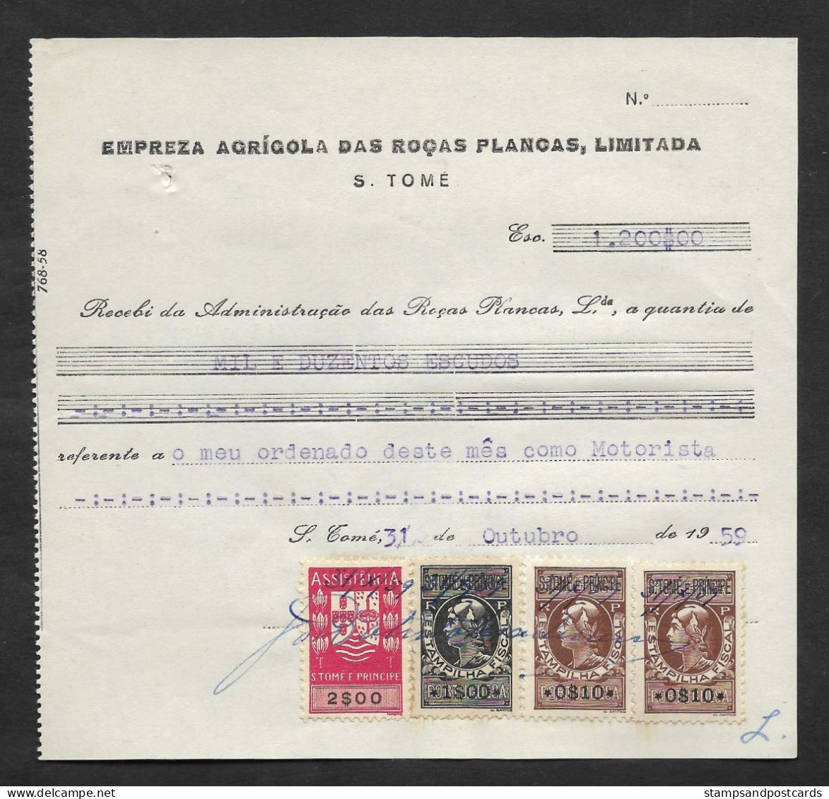 Portugal Sao Tome Et Principe Timbre Fiscal 1959 Reçu Plantation Cacao Et Café Receipt W/ Revenue Stamp Cocoa And Coffee - Storia Postale