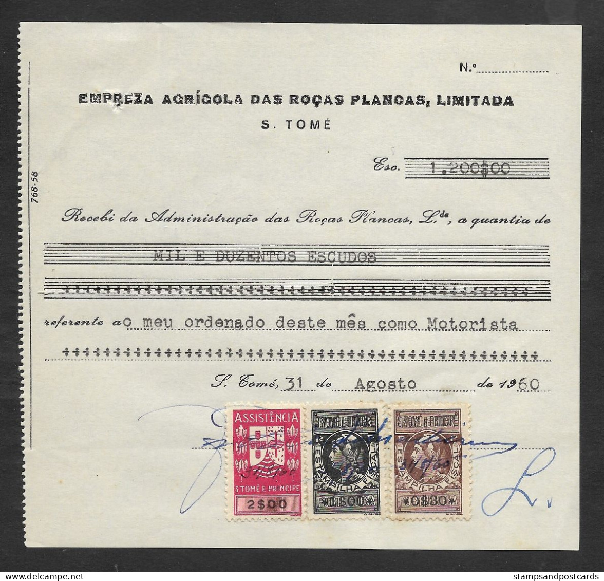 Portugal Sao Tome Et Principe Timbre Fiscal 1960 Reçu Plantation Cacao Et Café Receipt W/ Revenue Stamp Cocoa And Coffee - Lettres & Documents