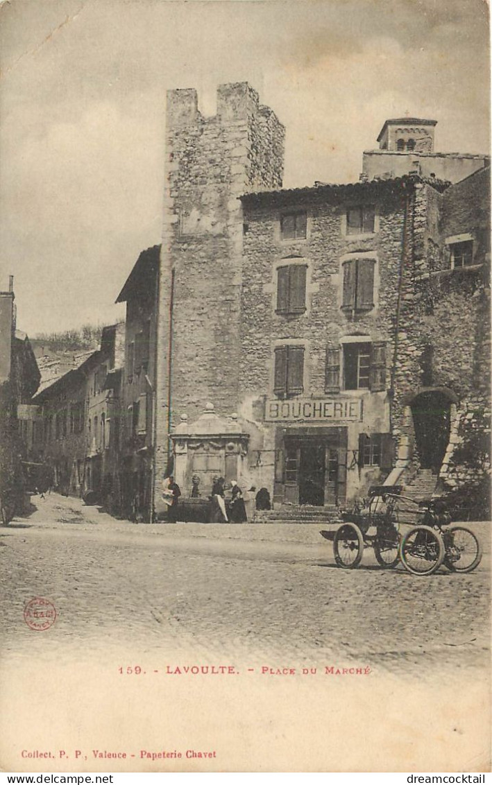 07 LA VOULTE SUR RHÔNE. Pétrolette Dion Et Boucherie Place Du Marché Vers 1900 - La Voulte-sur-Rhône