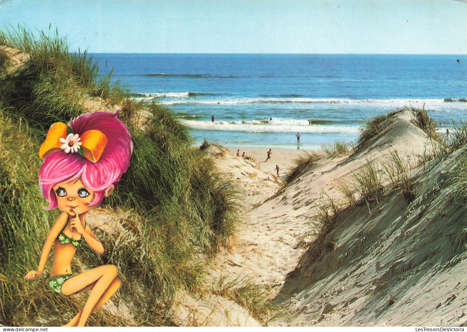 FANTAISIES - Une Fille Aux Cheveux Roses à La Plage  - Colorisé - Carte Postale - Altri & Non Classificati