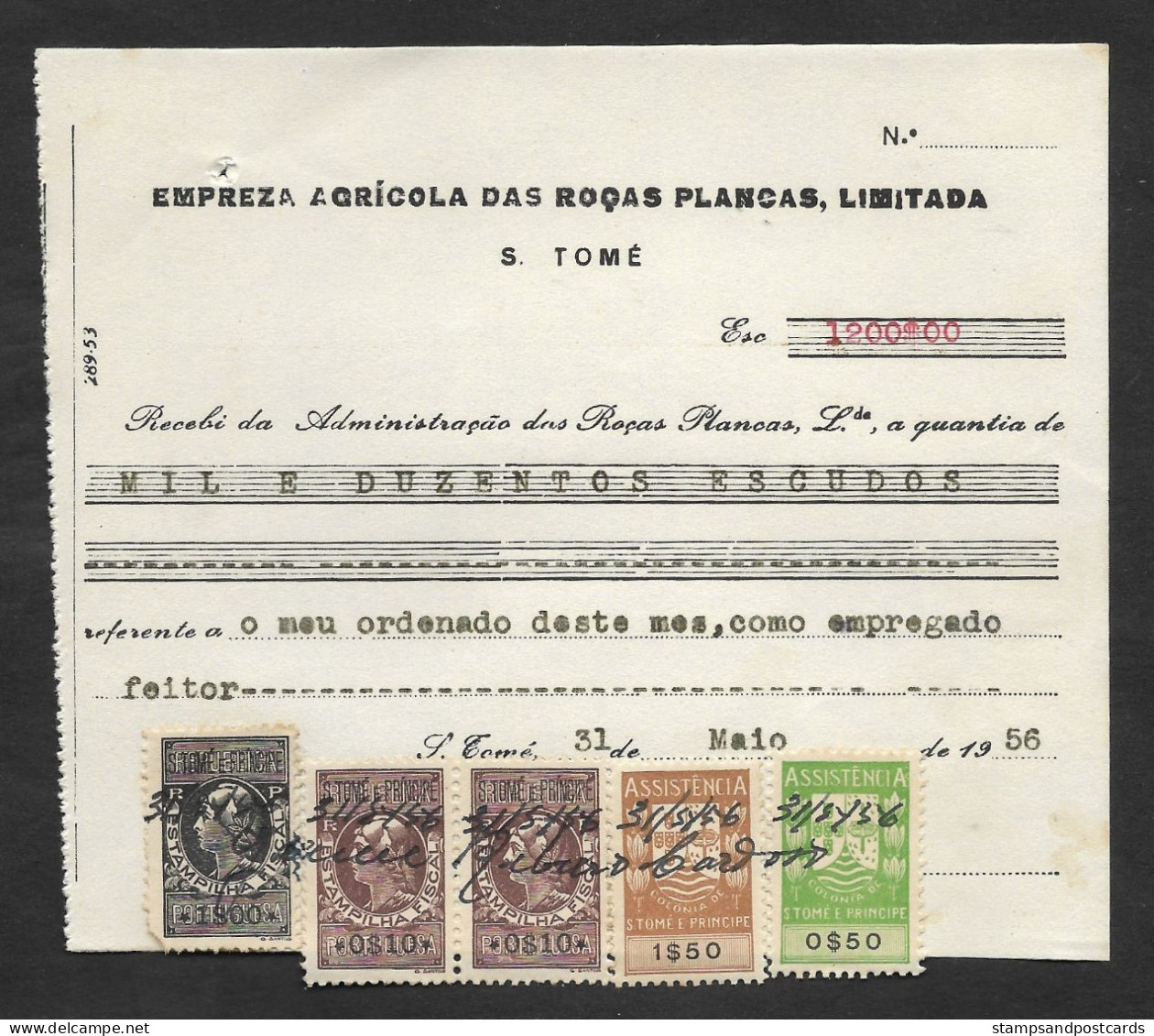 Portugal Sao Tome Et Principe Timbre Fiscal 1956 Reçu Plantation Cacao Et Café Receipt W/ Revenue Stamp Cocoa And Coffee - Lettres & Documents