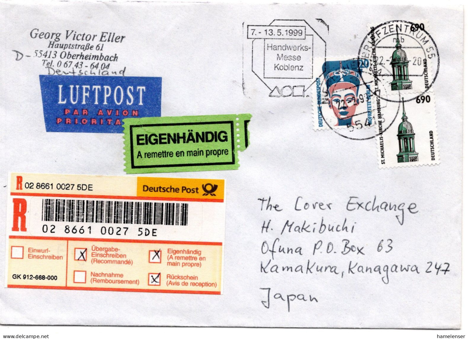 76315 - Bund - 1999 - 2@690Pfg SWK MiF A R-LpBf "Eigenhaendig" NIEDERHEIMBACH -> BRIEFZENTRUM 55 - ... -> Japan - Lettres & Documents