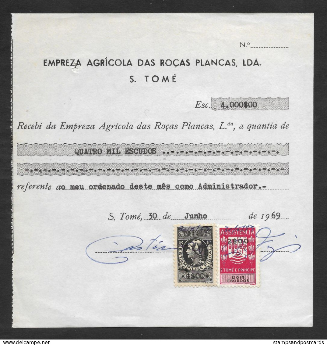 Portugal Sao Tome Et Principe Timbre Fiscal 1969 Reçu Plantation Cacao Et Café Receipt W/ Revenue Stamp Cocoa And Coffee - Lettres & Documents