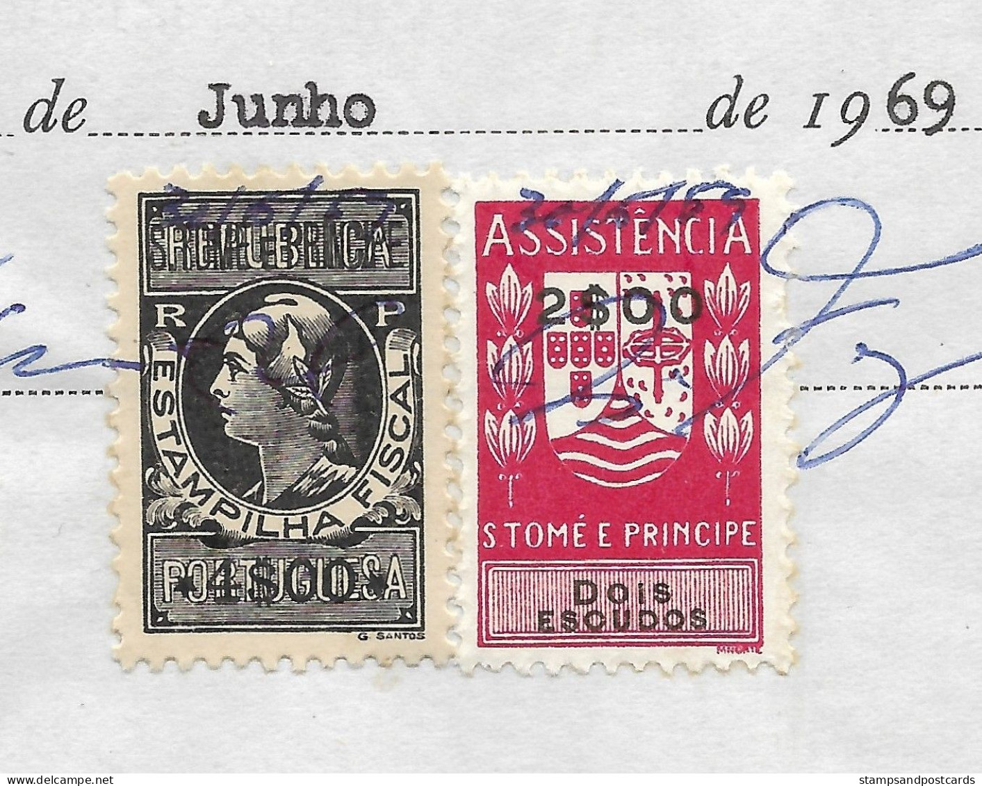 Portugal Sao Tome Et Principe Timbre Fiscal 1969 Reçu Plantation Cacao Et Café Receipt W/ Revenue Stamp Cocoa And Coffee - Lettres & Documents