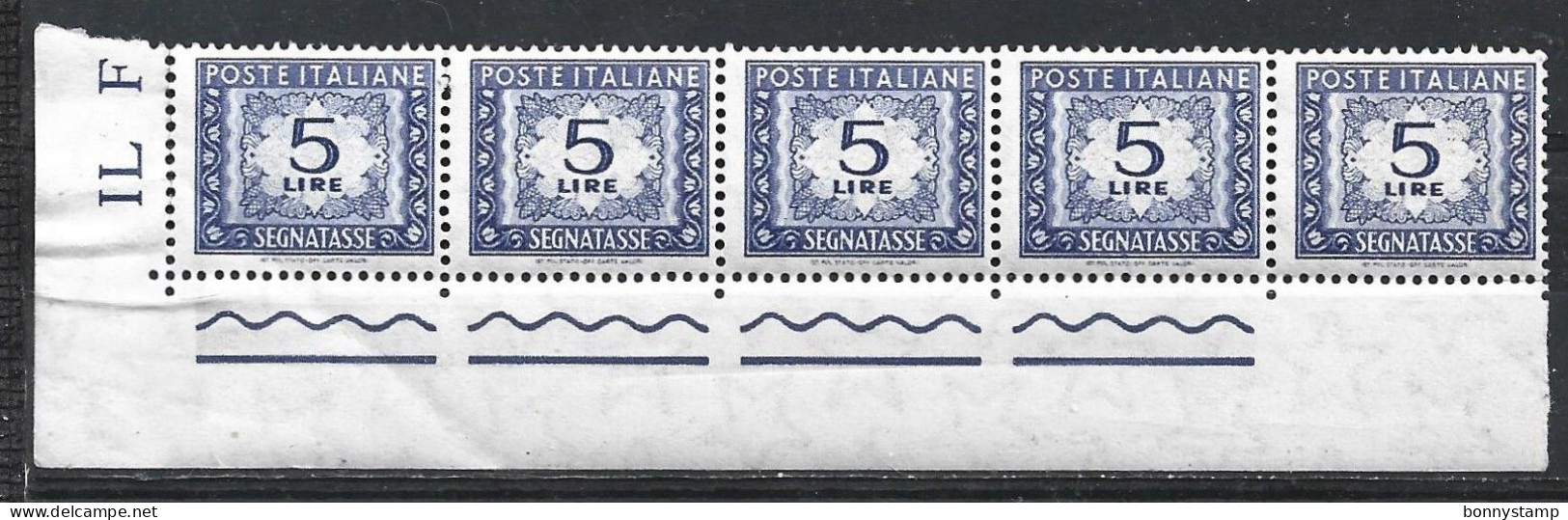 Repubblica Italiana, 1955/66 - 5 Lire Segnatasse, Fil. Stelle, Blocco Di 5 - Nr.111 MNH** - Impuestos