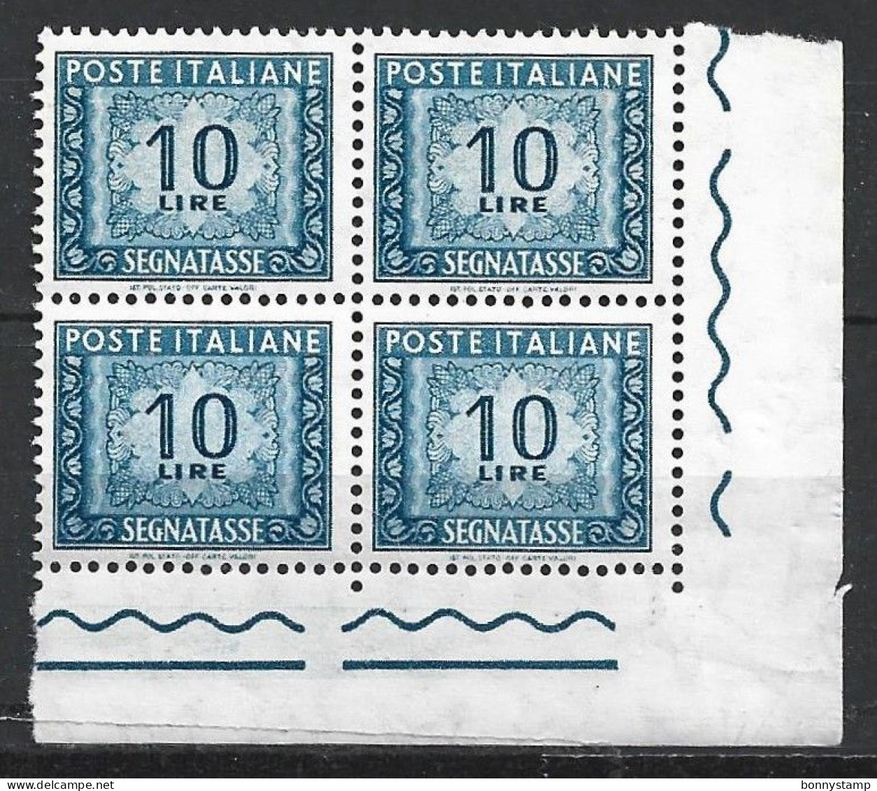 Repubblica Italiana, 1955/66 - 10 Lire Segnatasse, Fil. Stelle, Quartina - Nr.113 MNH** - Postage Due