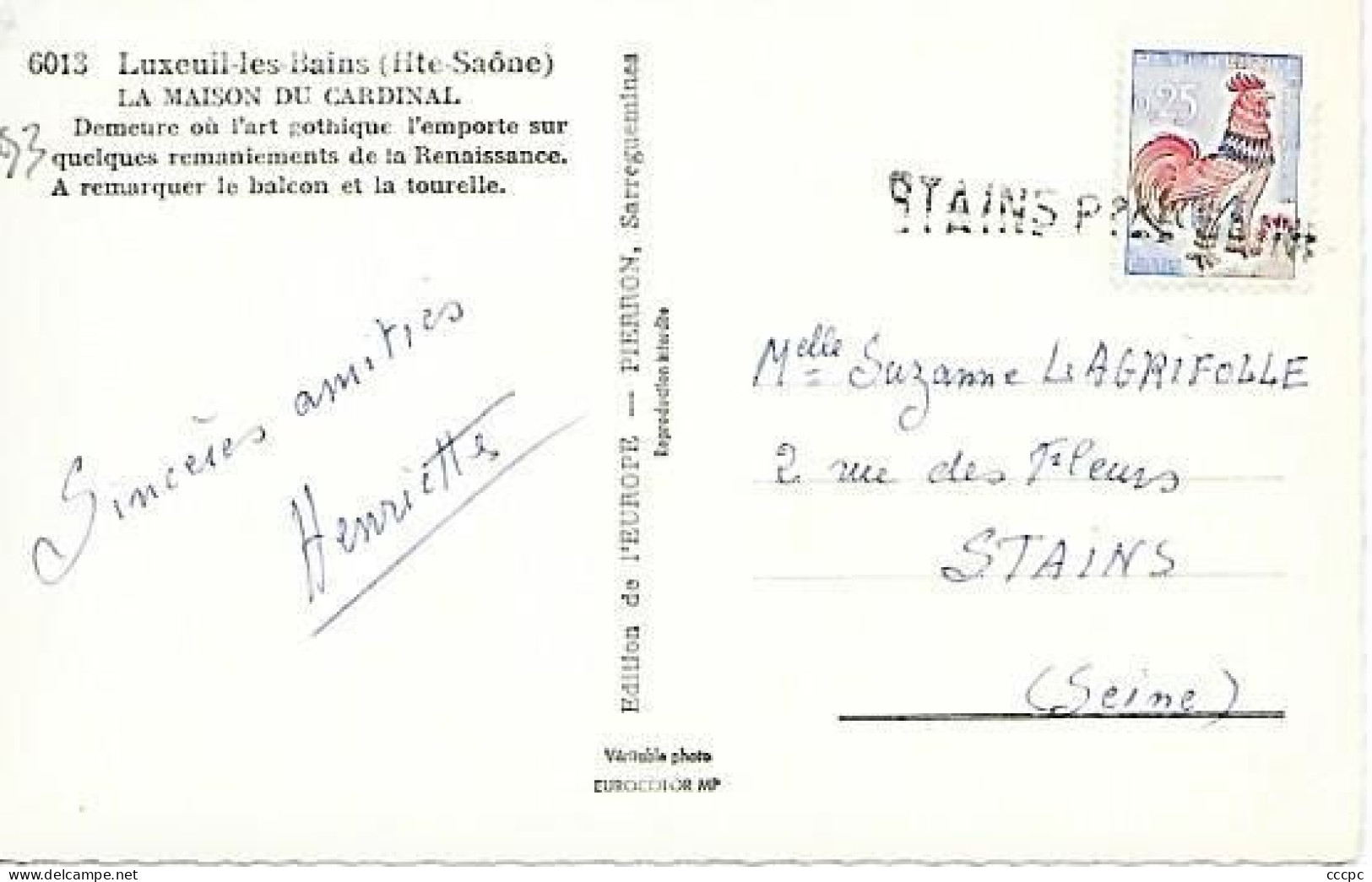 Cachet Stains  Sur CPSM Luxeuil-les-Bains - La Maison Du Cardinal - Seals Of Generality