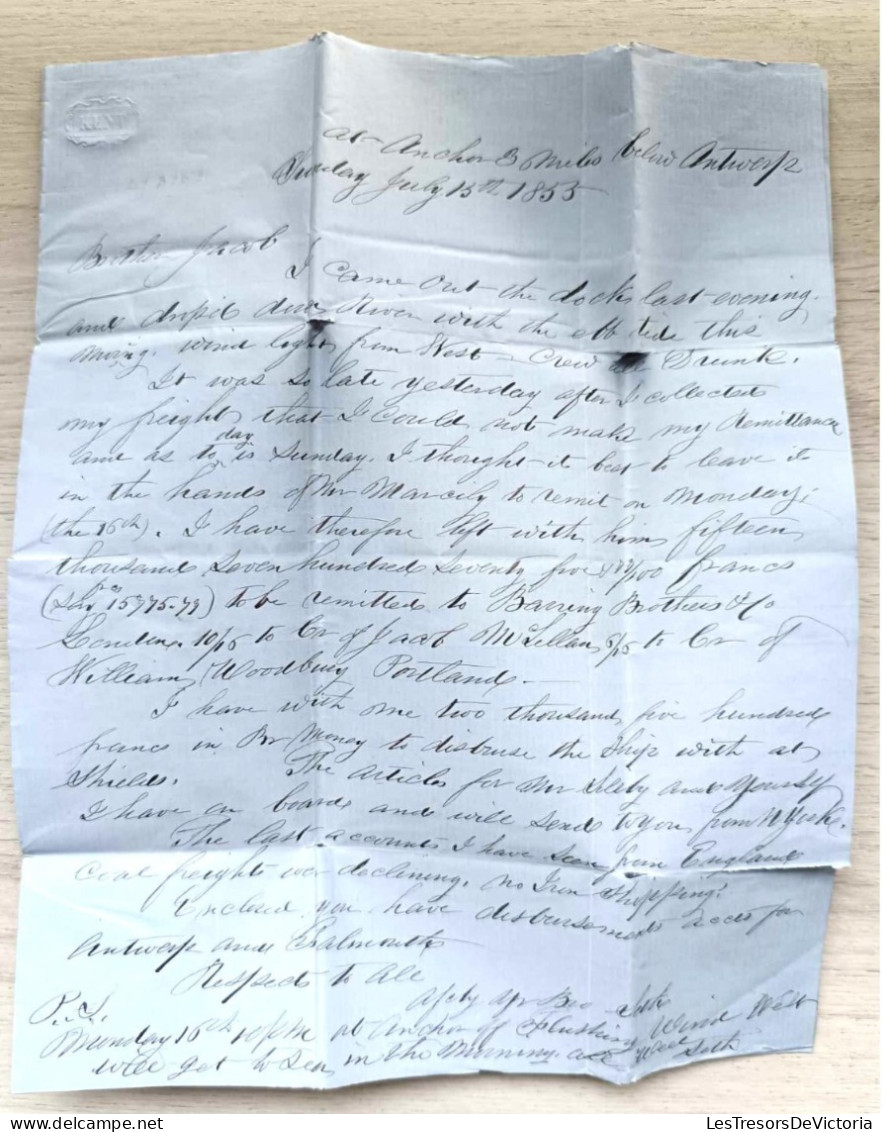 Folded Letter  - Antwerper - Belgium - To Portland - Maine - 15 July 1855 - Sonstige & Ohne Zuordnung