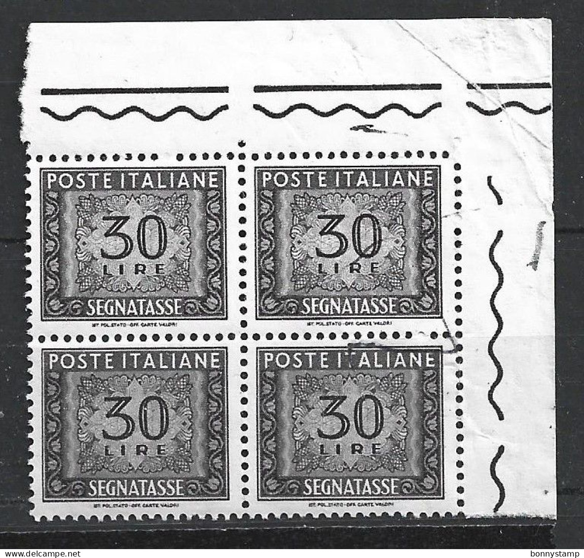 Repubblica Italiana, 1955/66 - 30 Lire Segnatasse, Fil. Stelle, Quartina - Nr.116 MNH** - Taxe