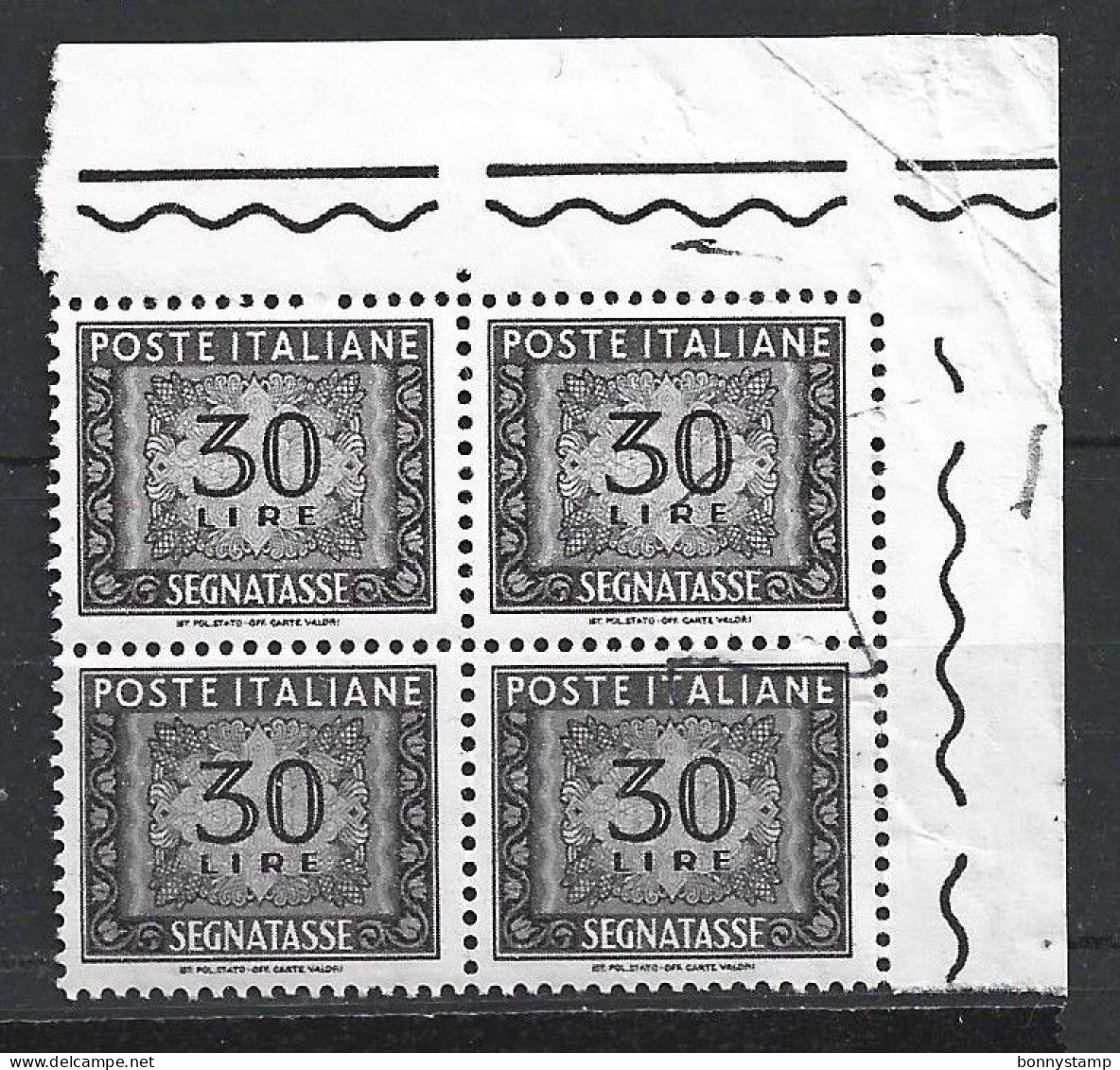 Repubblica Italiana, 1955/66 - 30 Lire Segnatasse, Fil. Stelle, Quartina - Nr.116 MNH** - Impuestos