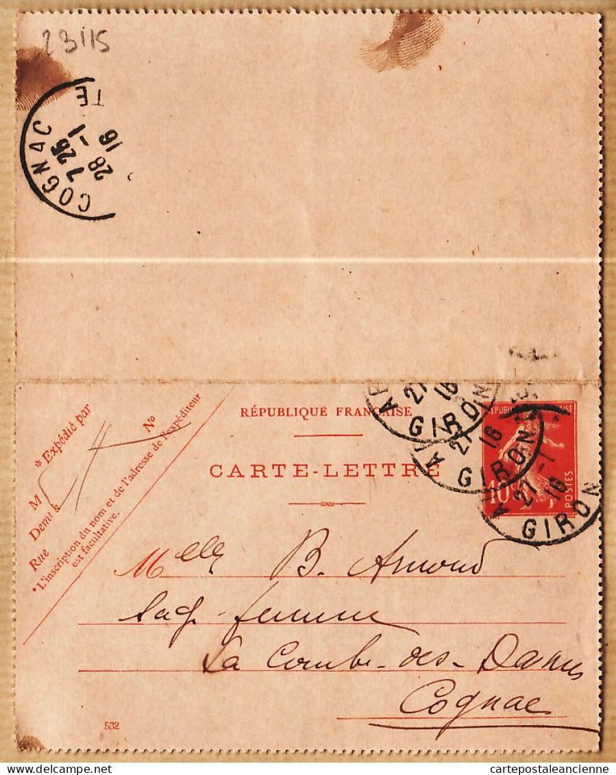 9090 /⭐ Carte-Lettre Modèle 532 Arcachon 28.01.1916 à ARNOUD Sage Femme 1er Classe La Combes Des Dames Cpaww1 - Cartes-lettres
