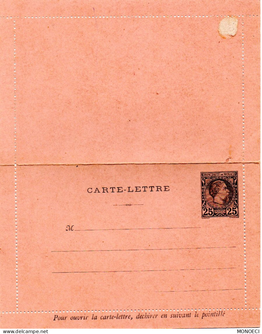 MONACO -- MONTE CARLO -- Entier Postal -- Carte-Lettre -- 25 C. Noir Sur Rose (1888) Prince Charles III - Enteros  Postales