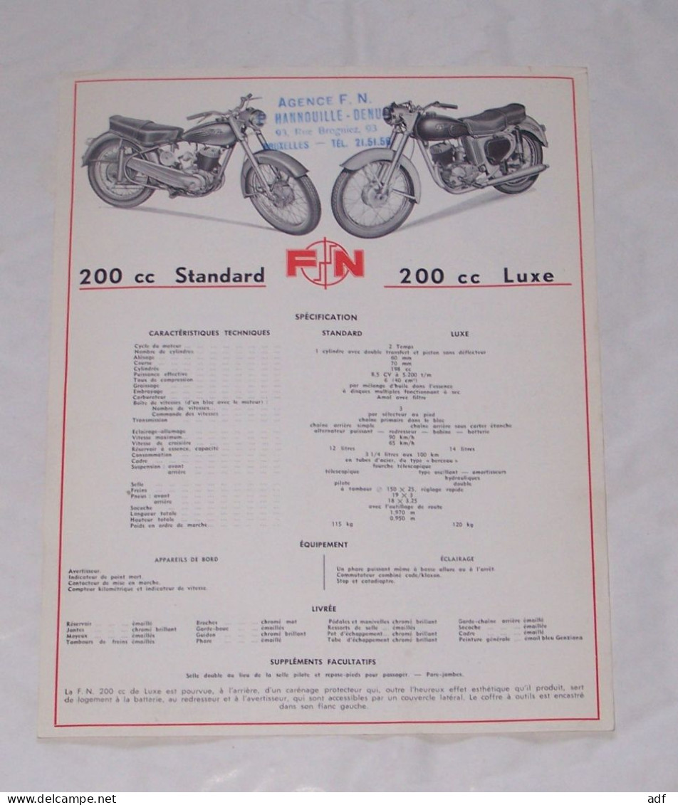 ANCIENNE PUB MOTO MOTOS FN 200 Cc STANDARD LUXE, 125 Cc 2 TEMPS, FABRIQUE NATIONALE D'ARMES, HERSTAL LEZ LIEGE - Motor Bikes