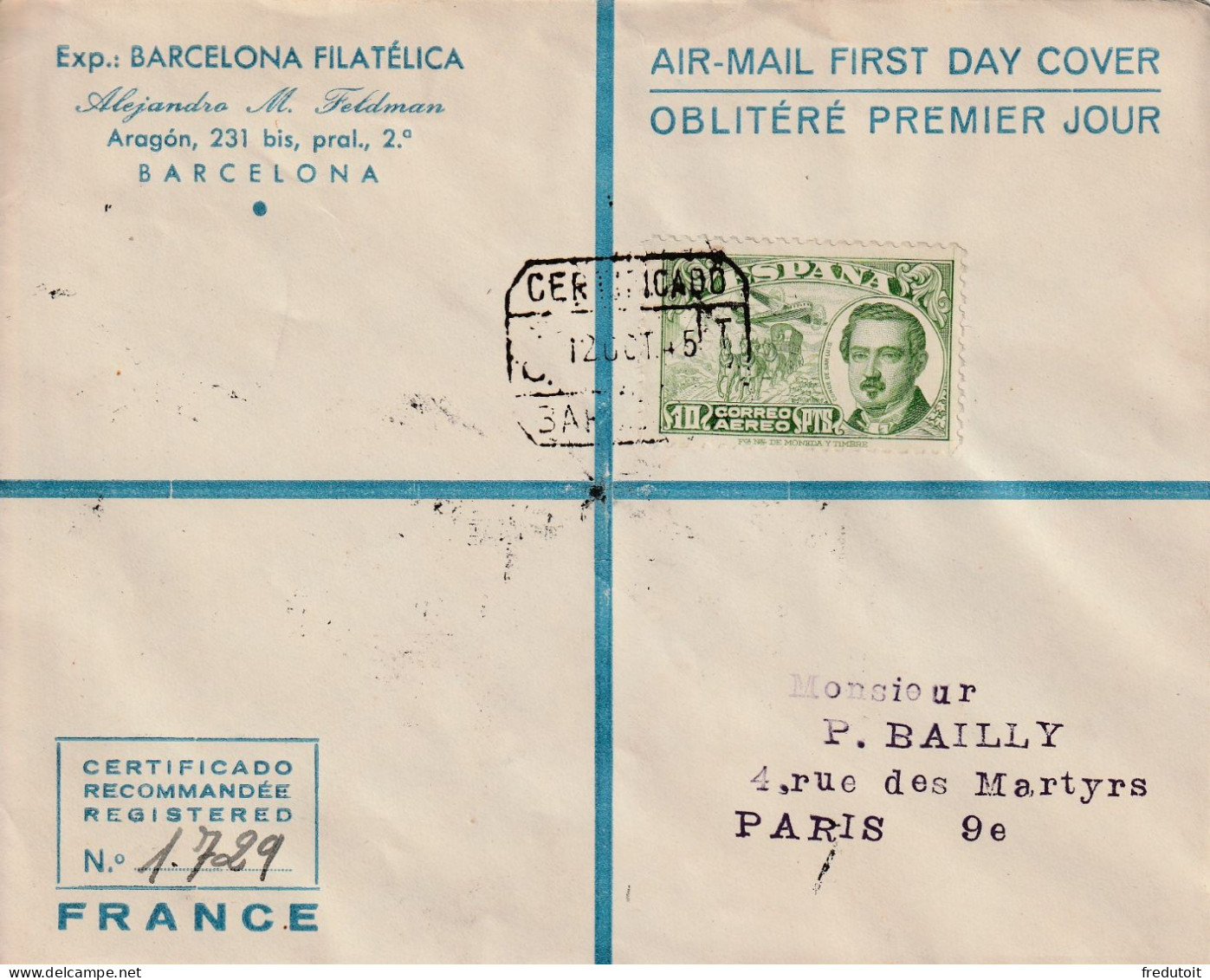 LETTRE Recommandée / FDC - ESPAGNE - P.A N°229 : Barcelone Le 12/10/1945 Pour Paris - Briefe U. Dokumente