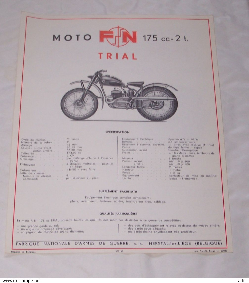 ANCIENNE PUB MOTO MOTOS FN 175 Cc 2 T TRIAL, FABRIQUE NATIONALE D'ARMES, HERSTAL LEZ LIEGE - Motor Bikes