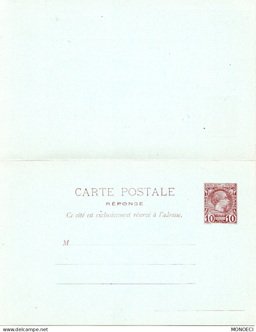 MONACO - MONTE CARLO - Entier Postal -- Carte-Postale - 10 C. Brun Sur Bleu Avec Réponse Payée (1891) Prince Charles III - Enteros  Postales