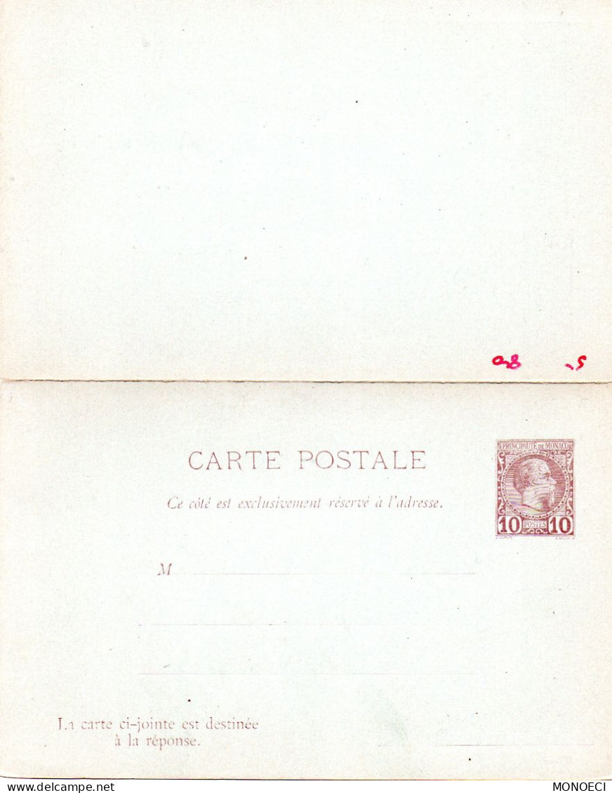 MONACO - MONTE CARLO - Entier Postal -- Carte-Postale - 10 C. Brun Sur Bleu Avec Réponse Payée (1891) Prince Charles III - Enteros  Postales