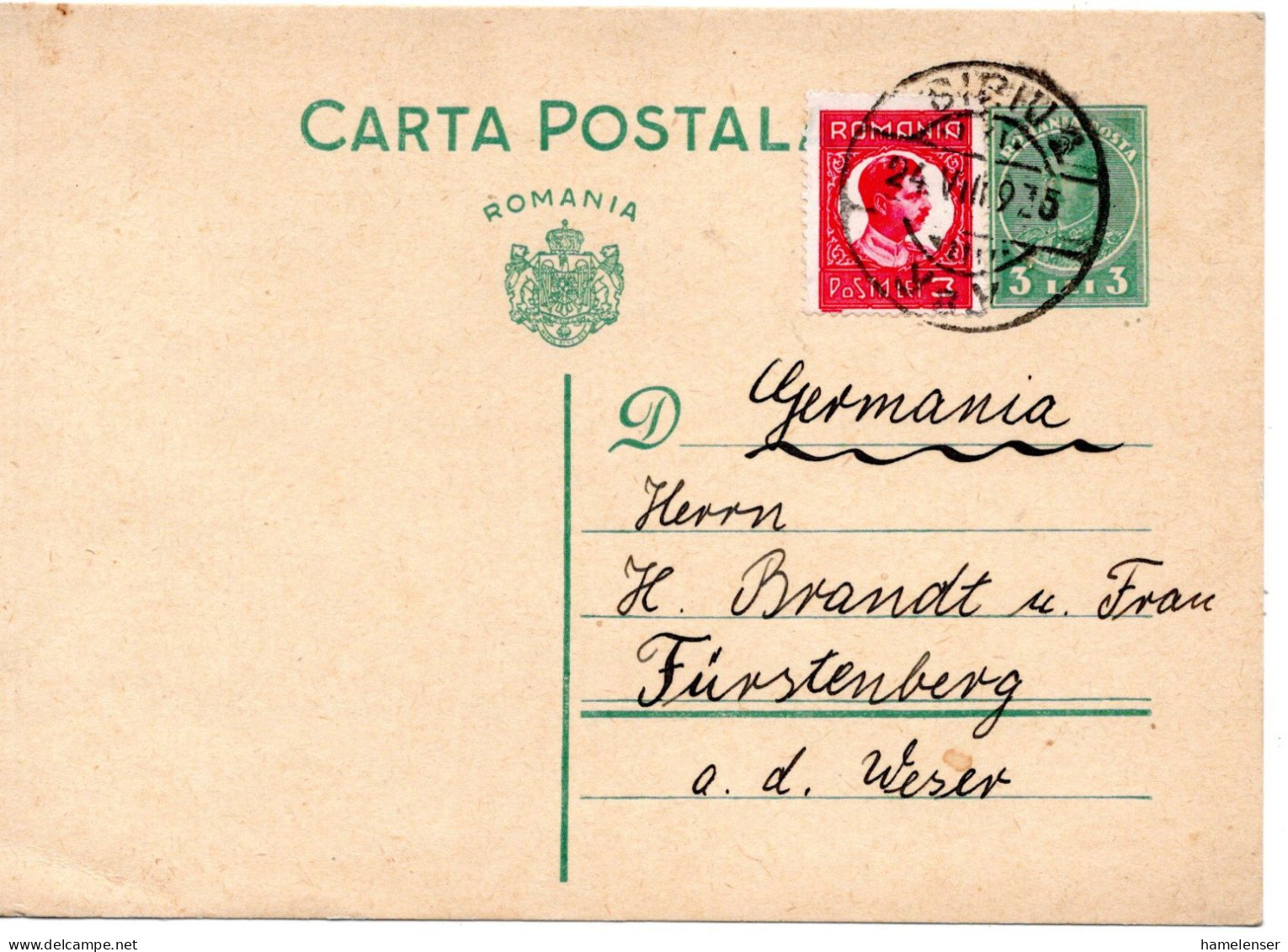 76320 - Rumänien - 1935 - 3L Ferdinand GAKte M ZusFrankatur SIBIU -> Deutschland - Cartas & Documentos