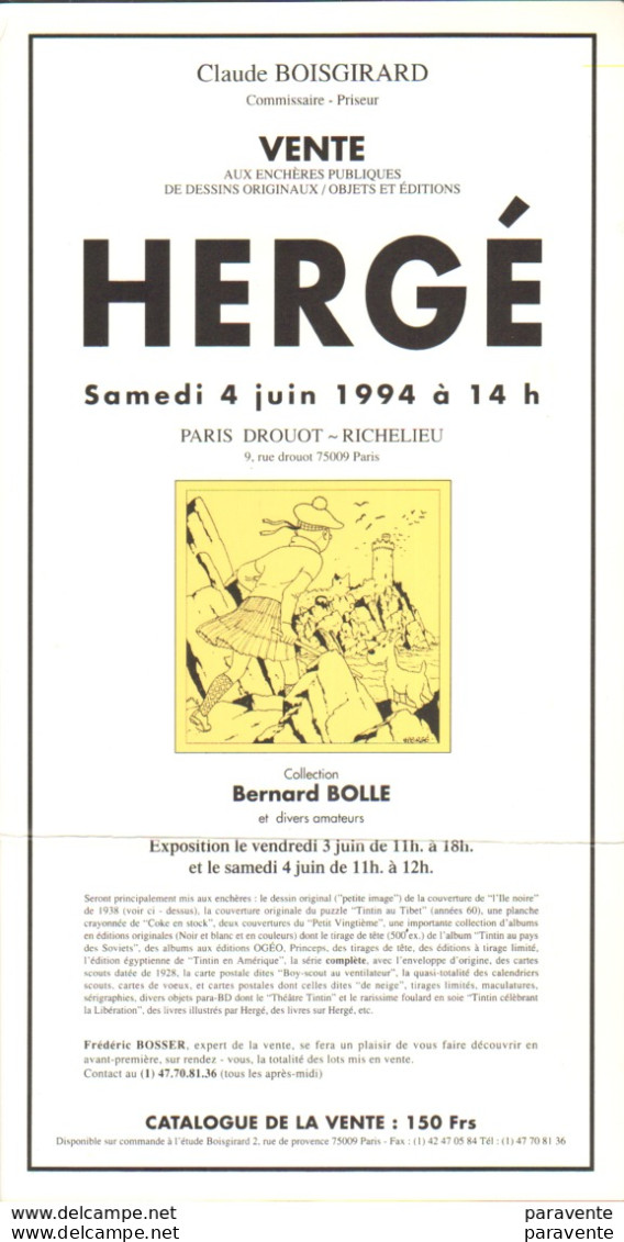 TINTIN : Carte Annonce VENTES HERGE 1994 - Hergé