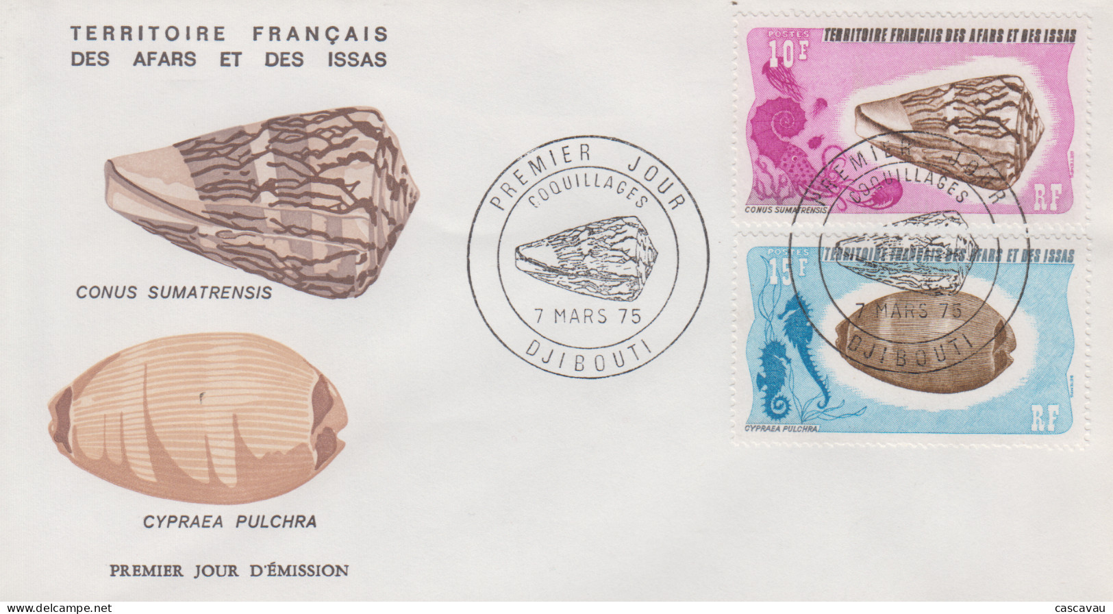 Enveloppe  FDC  1er  Jour   Territoire   Des   AFARS   Et   ISSAS    Coquillages   1975 - Coneshells