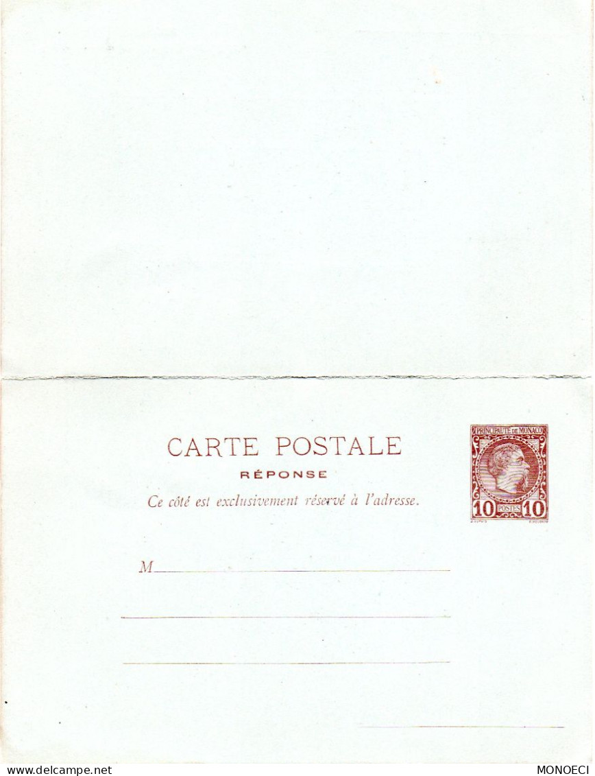 MONACO - MONTE CARLO - Entier Postal -- Carte-Postale - 10 C. Brun Sur Bleu Avec Réponse Payée (1891) Prince Charles III - Entiers Postaux