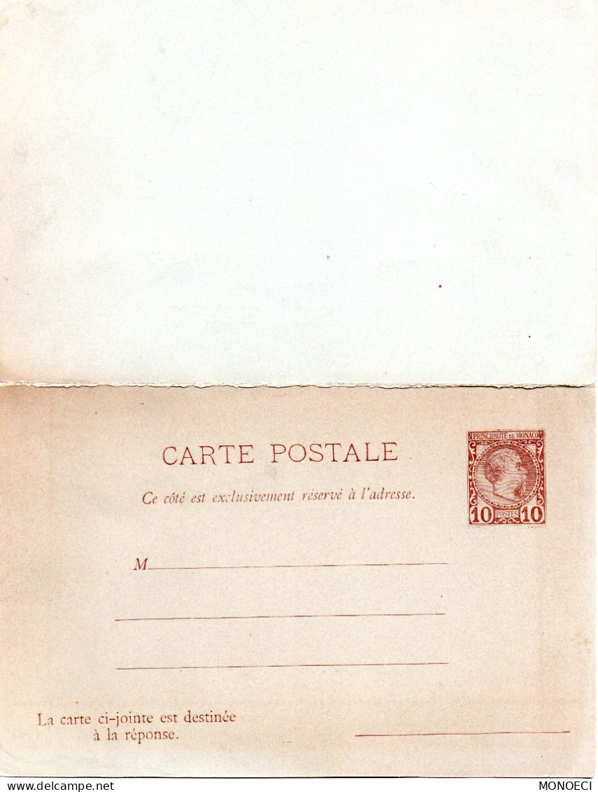 MONACO - MONTE CARLO - Entier Postal -- Carte-Postale - 10 C. Brun Sur Bleu Avec Réponse Payée (1891) Prince Charles III - Interi Postali