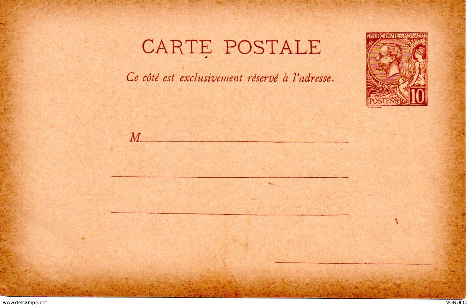 MONACO - MONTE CARLO - Entier Postal -- Carte-Postale - 10 C. Brun Sur Chamois (1892) Prince Albert 1er - Postwaardestukken