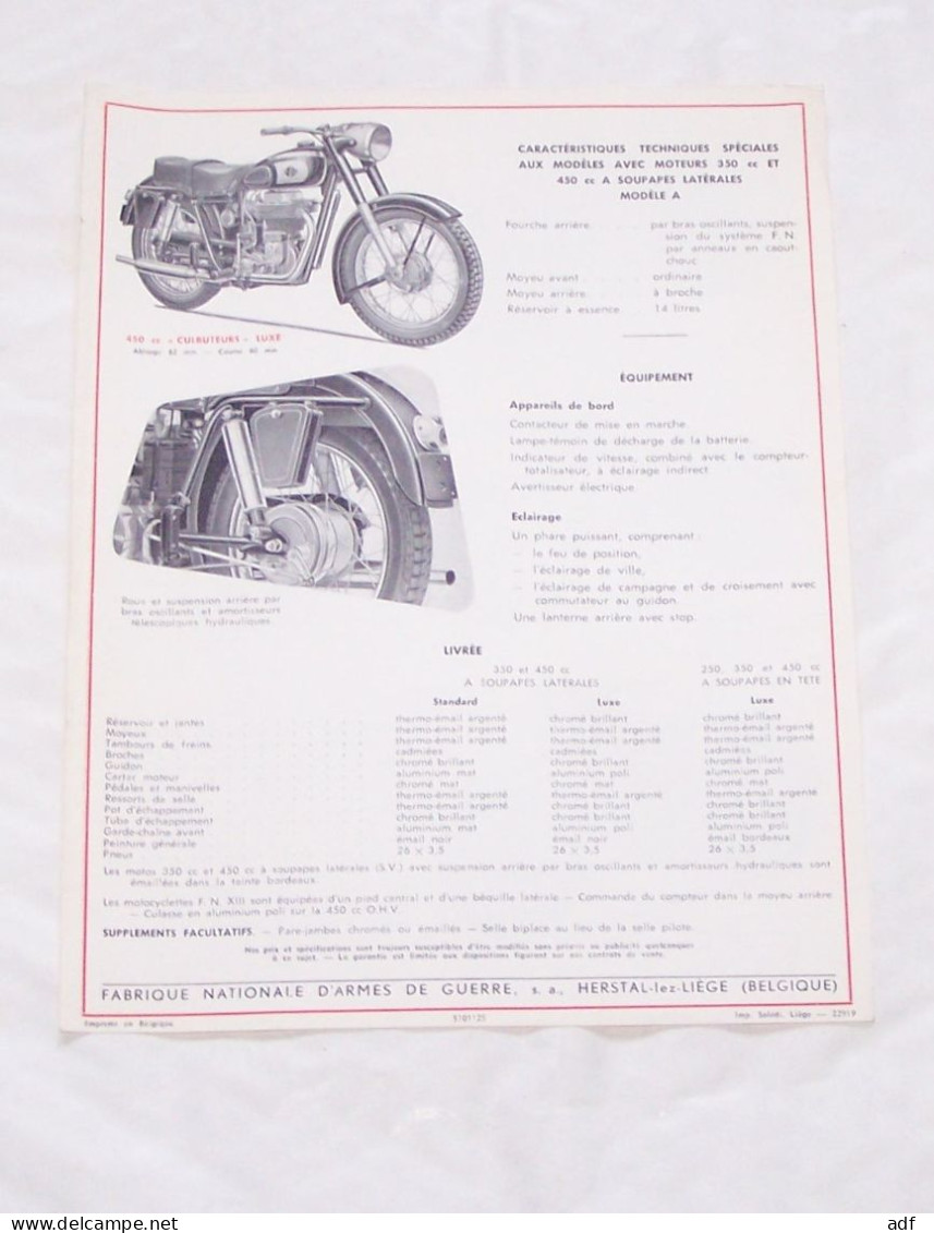 ANCIENNE PUB MOTO MOTOS MOTOCYCLETTES FN 250 Cc LUXE, 350, 450 LATERALES, FABRIQUE NATIONALE D'ARMES, HERSTAL LEZ LIEGE - Moto