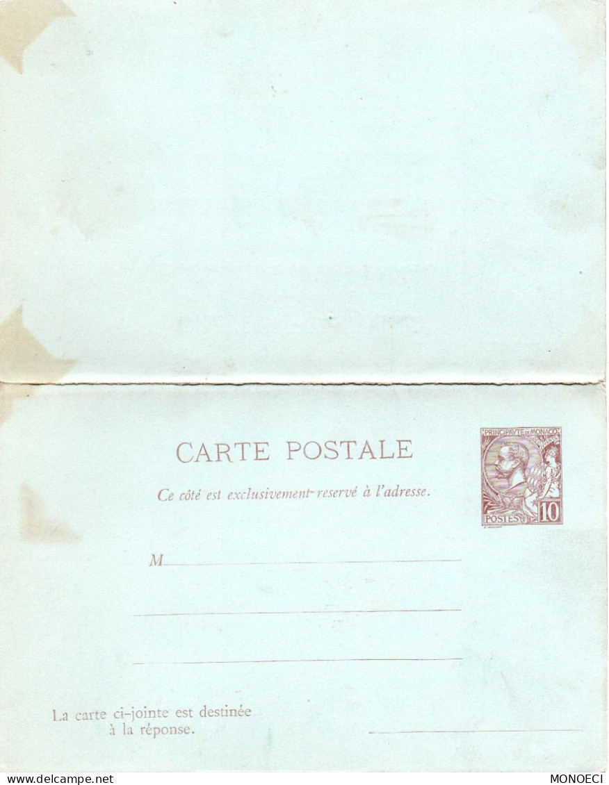 MONACO - MONTE CARLO - Entier Postal -- Carte-Postale - 10 C. Brun Sur Bleu Avec Réponse Payée (1893) Prince Albert 1er - Entiers Postaux