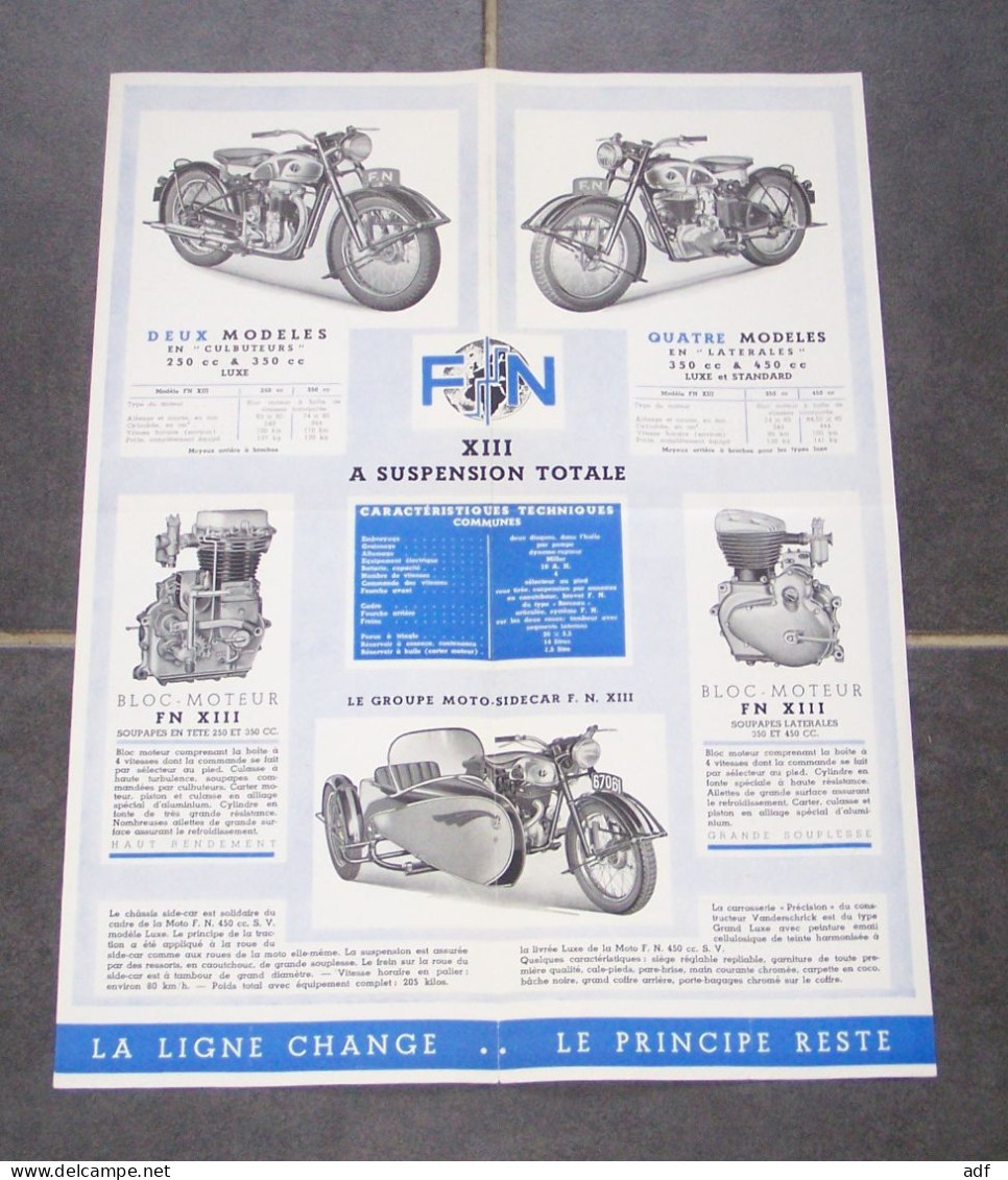 ANCIEN DEPLIANT PUB MOTO MOTOS FN XIII, LUXE, STANDARD, SIDECAR, FABRIQUE NATIONALE D'ARMES, HERSTAL LEZ LIEGE - Motos